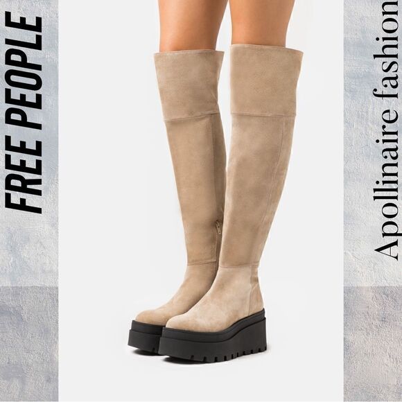 FREE PEOPLE LONDON CALLING SUEDE OVER THE KNEES BOOTS IN STONE SIZE 39 - Picture 1 of 9